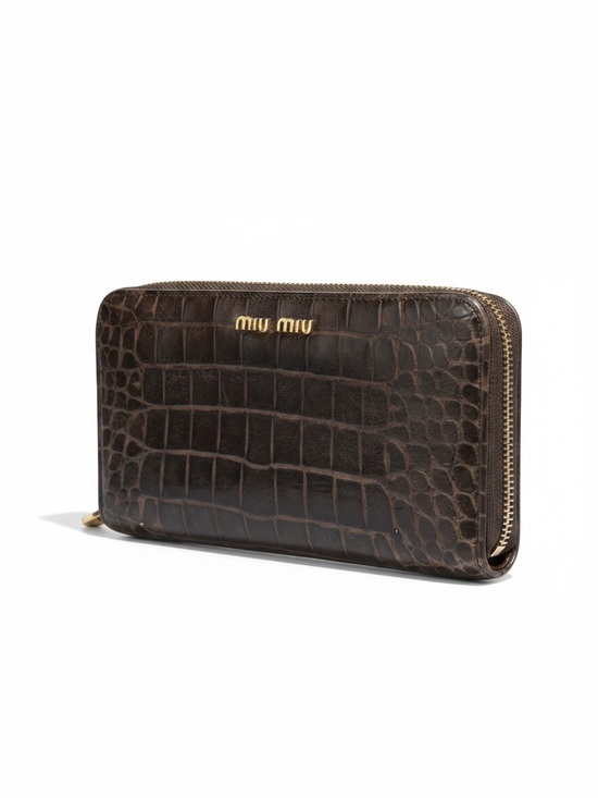 Miu Miu Handbags - Miu Miu Brown Croc Embossed Leather Zip Around Continental Wallet Italy